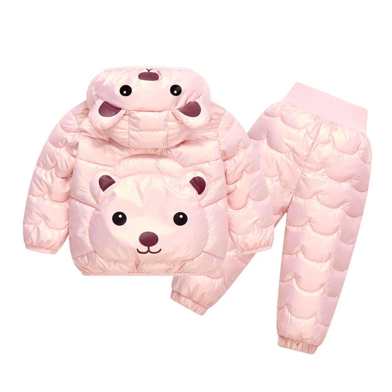 Winter Warm Girls Clothing Set New Baby Boys Cartoon Bear Hooded Waterproof Down Jacket Pants 2Pc Outfits Children Snowsuit Coat