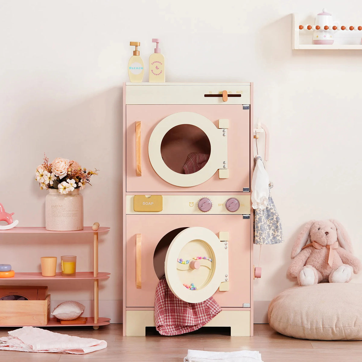 Kids Wooden Pink Play Kitchen All in 1 Corner Set Includes Oven Refrigerator Washer Perfect Birthday Gift for Little Chefs