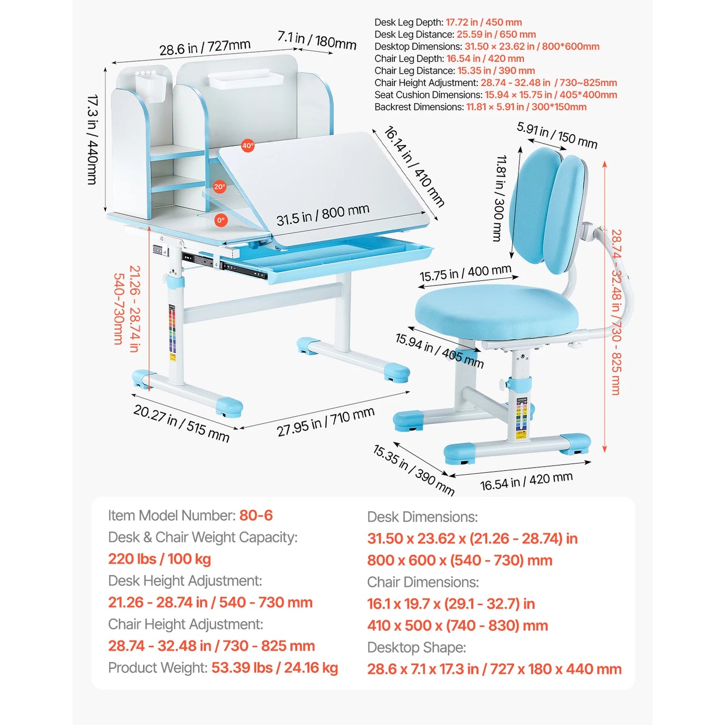Kids Study Chair and Desk Set Study Desk and Chair for Kids with Table Lamp Adjustable Height  for Bedroom & Study Room